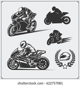 Set of racing motorcycle emblems, badges, labels and design elements. Monochrome style.