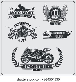 Set of racing motorcycle emblems, badges, labels and design elements. Monochrome style.