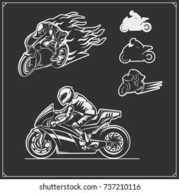 Set of racing motorcycle emblems, badges, labels and design elements. Monochrome style.