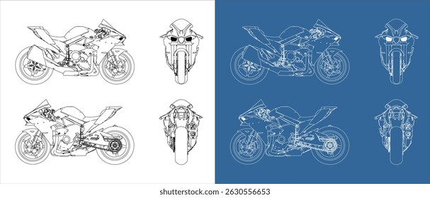 Set Racing motorcycle hyperbike from all view. high performance 4 cylinder in-line DOHC 3D technical line drawing blueprint vector. Isolated on transparent background