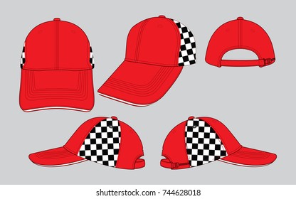 Set racing red baseball cap design with checkered pattern at left-right side.