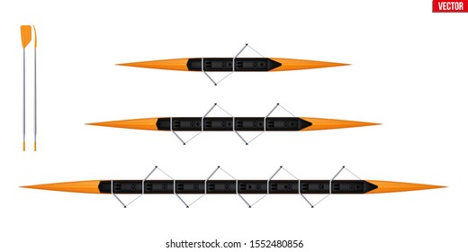 Set of racing shell and oars for rowing sport. Eight and four and two athletes. Equipment boats for waters sport rowing. Vector Illustration isolated on white background.