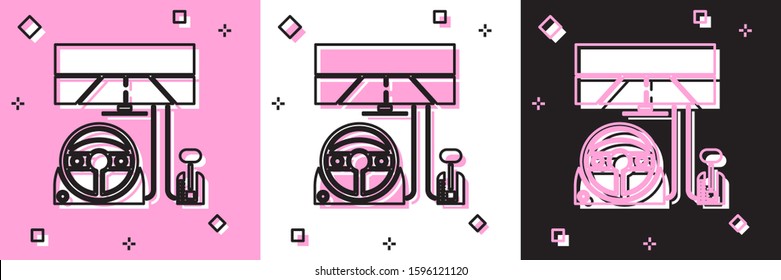Set Racing simulator cockpit icon isolated on pink and white, black background. Gaming accessory. Gadget for driving simulation game.  Vector Illustration