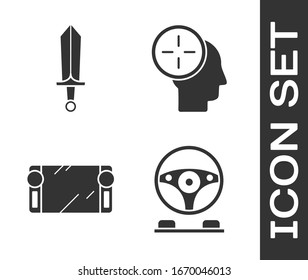 Set Racing simulator cockpit, Sword for game, Portable video game console and Head hunting concept icon. Vector