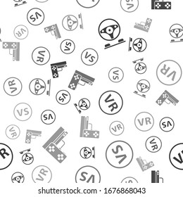 Set Racing simulator cockpit, VS Versus battle, Virtual reality glasses and Game console with joystick on seamless pattern. Vector