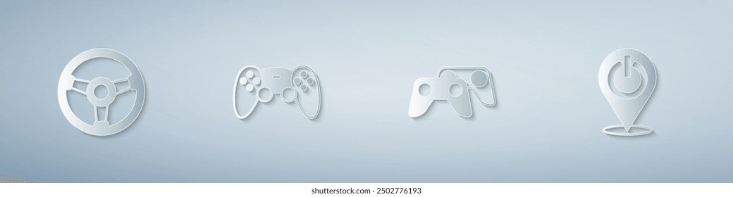 Set Racing simulator, Game controller joystick,  and Power button. Paper art style. Vector