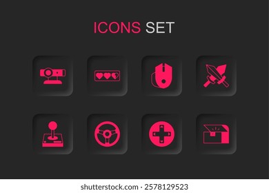 Set Racing simulator, Game life bar, Web camera, controller joystick, Sword for game, Chest, Computer mouse and Joystick arcade machine icon. Vector