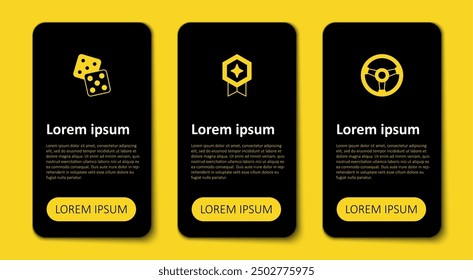 Conjunto de simulador de carreras, clasificación del juego con medalla y dados. Plantilla de infografía de negocios. Vector