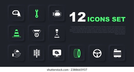 Set Racing steering wheel, Car radiator cooling system, Medal, tire, Traffic cone, traffic light, Wrench spanner and helmet icon. Vector