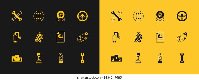 Set Racing steering wheel, Gear shifter, helmet, Nitrous oxide, track, Car tire, Wrench spanner and  icon. Vector