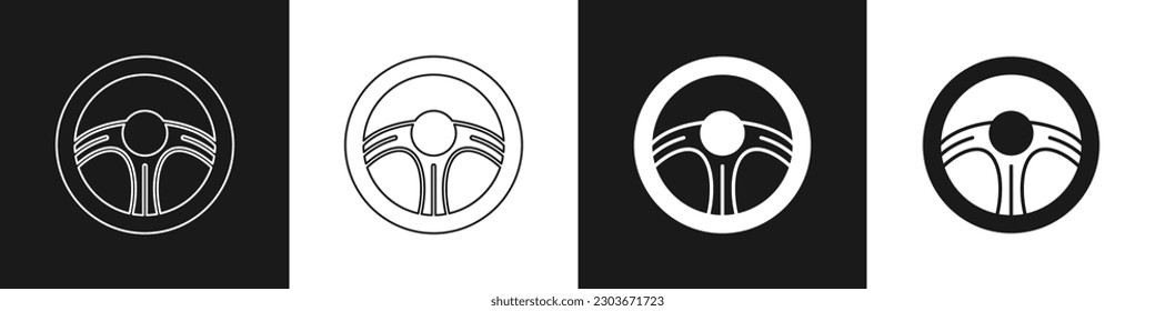 Set Racing steering wheel icon isolated on black and white background. Car wheel icon.  Vector