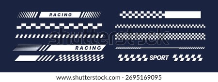 Set of racing stripes and checkered flag isolated on dark blue background. Sports racing stripes. Sports car, moto, boat stickers, striped vehicle tuning bars flat vector illustration set.