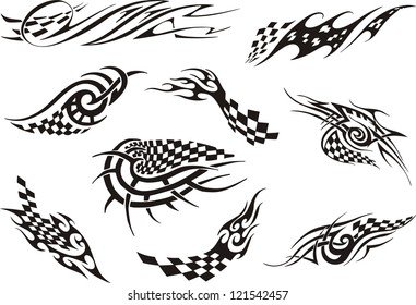 Set of racing tattoos. Black and white vector illustrations.