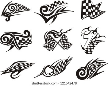 Set of racing tattoos with checkered flags. Black and white vector illustrations.