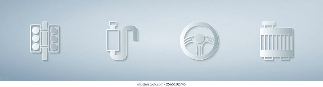 Set Racing traffic light, Car muffler, steering wheel and radiator cooling system. Paper art style. Vector