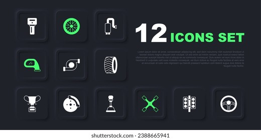 Set Racing traffic light, steering wheel, Automotive turbocharger, Wheel wrench, Car mirror, brake disk with caliper, Alloy for car and Gear shifter icon. Vector