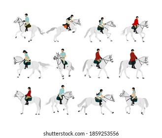 Set of racing white horse in gallop vector illustration isolated on background. Jockey riding jot horse in race. Hippodrome sport event. Entertainment gambling. Equestrian rider jumping over barrier.