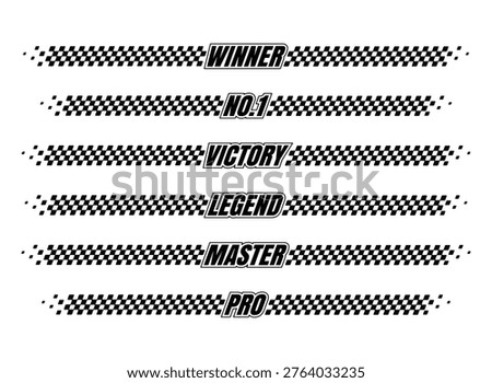 Set of racing winner badge stripe banners, checkered flag typography dividers for victory ranking graphics, motorsport achievement labels for automotive decals, esports overlays, race event posters
