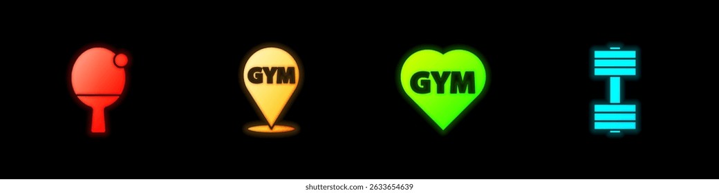 Set Racket and ball, Location gym, Fitness heart and Dumbbell icon. Vector