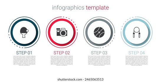 Set Racket and ball, Photo camera, Basketball and Jump rope. Business infographic template. Vector