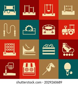 Set Racket and ball, Roller skate, Toy train, Swing, Ferris wheel, Jump rope, Volleyball net with and Jumping trampoline icon. Vector