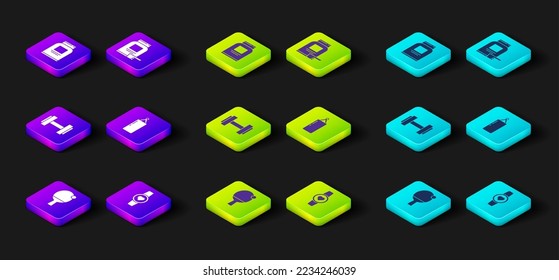 Set Racket and ball, Smartwatch, Dumbbell, Punching bag, Sports Nutrition y icon. Vector