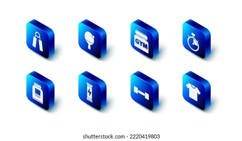 Set Racket and ball, Sports nutrition, Stopwatch, T-shirt, Dumbbell,  and expander icon. Vector