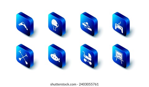 Set Racket and ball, Toy building block bricks, Gamepad, Chalkboard, Baby stroller, Submarine toy, Arrow with sucker tip and Boomerang icon. Vector