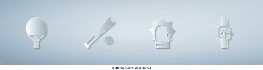 Set Racket, Baseball bat with ball, Punch in boxing gloves and Smart watch heart. Paper art style. Vector