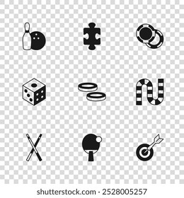 Set Racket, Board game, Classic dart board and arrow, Checker chips, Casino, Bowling pin ball, Puzzle pieces toy and Game dice icon. Vector