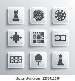 Set Racket, Chess, Time chess clock, Board game of checkers, Puzzle pieces toy,  and Twister icon. Vector