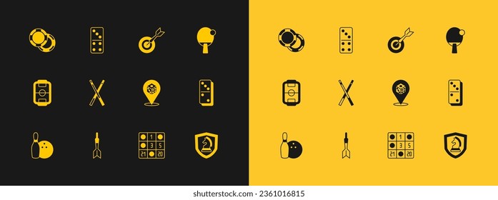 Set Racket, Dart arrow, Game dice, Bingo card, Crossed billiard cues, Classic dart board and, Casino chips and Domino icon. Vector