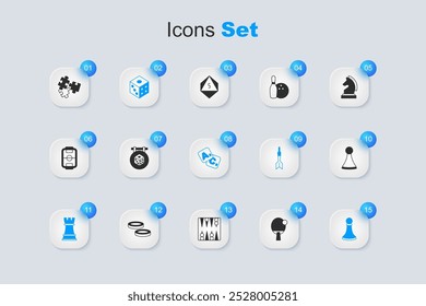 Set Racket, Game dice, Chess, pawn, Chip for board game, Puzzle pieces toy and Bingo icon. Vector