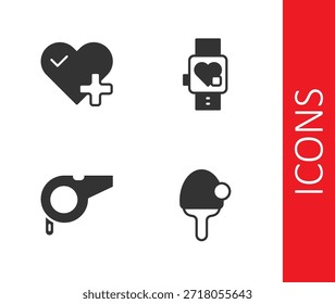 Set Racket, Heart rate, Whistle and Smart watch with heart icon. Vector