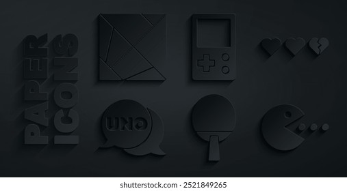 Set Schläger, Herzen für Spiel, Uno-Karte, Pacman mit essen, Tetris und Zauberwürfel Symbol. Vektorgrafik