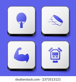 Set Racket, Hockey puck, Bodybuilder showing his muscles and Stopwatch icon. White square button. Vector