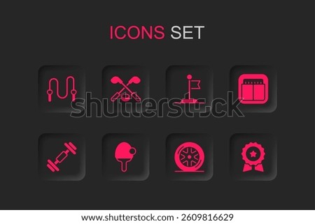 Set Racket, Ice hockey sticks and puck, Jump rope, Car wheel, Sport mechanical scoreboard, Medal with star, Flag and Dumbbell icon. Vector