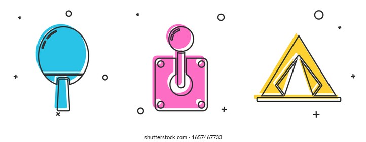 Set Racket for playing table tennis, Joystick for arcade machine and Tourist tent icon. Vector