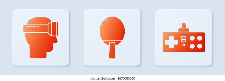 Set Racket for playing table tennis, Virtual reality glasses and Gamepad. White square button. Vector