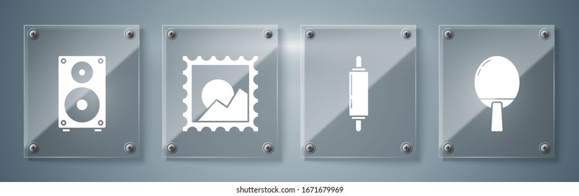 Set Racket for playing table tennis, Rolling pin, Picture landscape and Stereo speaker. Square glass panels. Vector