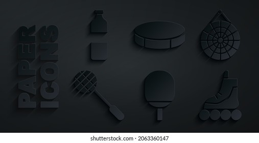 Set Racket for playing table tennis, Classic dart board, Tennis racket, Roller skate, Hockey puck and Bottle of water icon. Vector