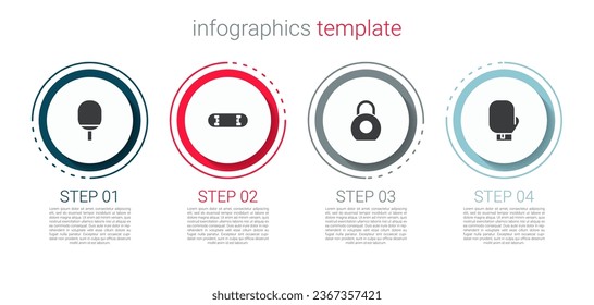 Set Racket for playing table tennis, Skateboard trick, Kettlebell and Boxing glove. Business infographic template. Vector