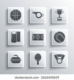 Set Racket for playing table tennis, Medal, Baseball ball, Football soccer field, Stone curling sport game, Fitness mat roll, Basketball and Award cup icon. Vector
