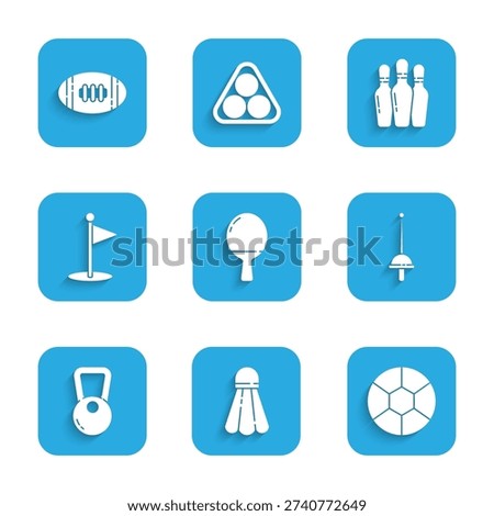 Set Racket for playing table tennis, Badminton shuttlecock, Football ball, Fencing, Kettlebell, Golf flag, Bowling pin and American icon. Vector