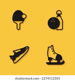 Set Racket, Skates, Fitness sneakers shoes and Bowling pin and ball icon with long shadow. Vector