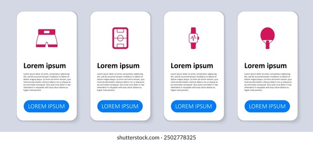 Set Racket, Smart watch with heart, Football field and Boxing short. Business infographic template. Vector