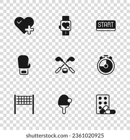 Set Racket, Stoppuhr, Sportdoping mit Hantel, Eishockeyschläger und -puck, Ribbon Finish Line, Herzfrequenz, Smart Herz und Boxhandschuh Icon. Vektorgrafik