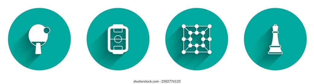 Set Racket, Table football, Board game and Chess icon with long shadow. Vector