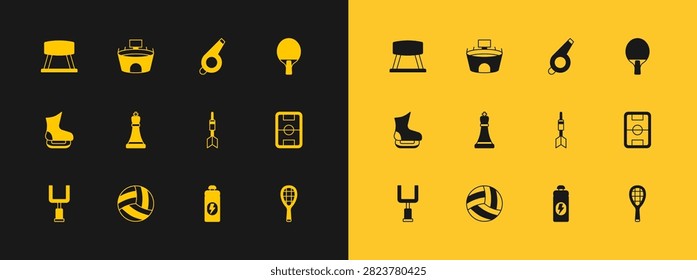 Set Racket, Volleyball ball, Dart arrow, Fitness shaker, Chess, Whistle, Pommel horse and Stadium icon. Vector