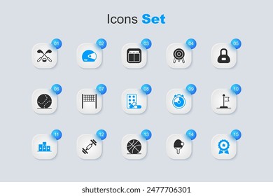Set Racket, Volleyball net, Racing helmet, Award over sports winner podium, Medal with star, Flag, Ice hockey sticks and puck and Sports doping dumbbell icon. Vector